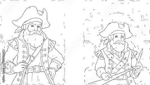 Bearded pirate captain in tricorn hat with sword and spyglass during adventure in cave line art