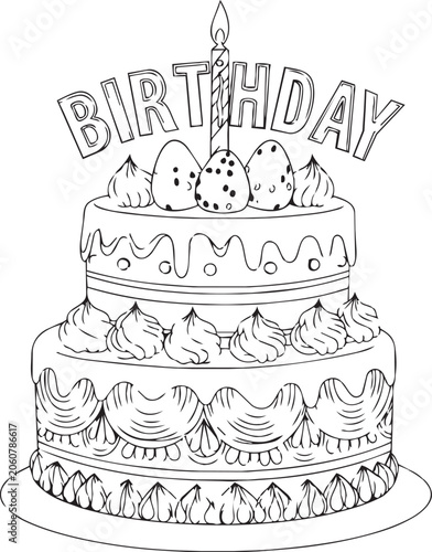Birtay cake with candle and decorated eggs on white background in line drawing style for celebration