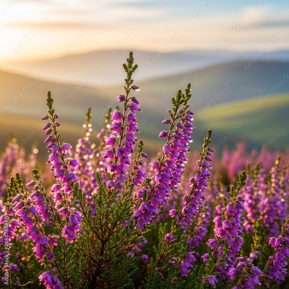 Fototapeta premium Heather in Bloom - A Vibrant Landscape at Sunset.