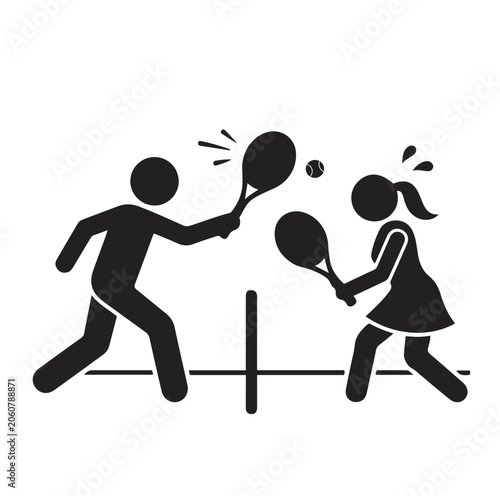 Man and woman  Playing Tennis Together Outdoors