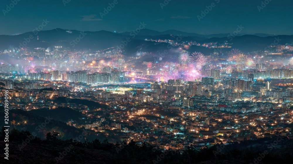 Obraz premium Night Cityscape with Fireworks Over Mountain Range Bright Lights Urban Skyline