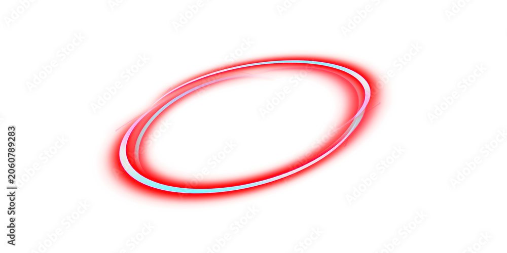 Naklejka premium Glowing red neon ring element with abstract light streaks isolated on plain white background.