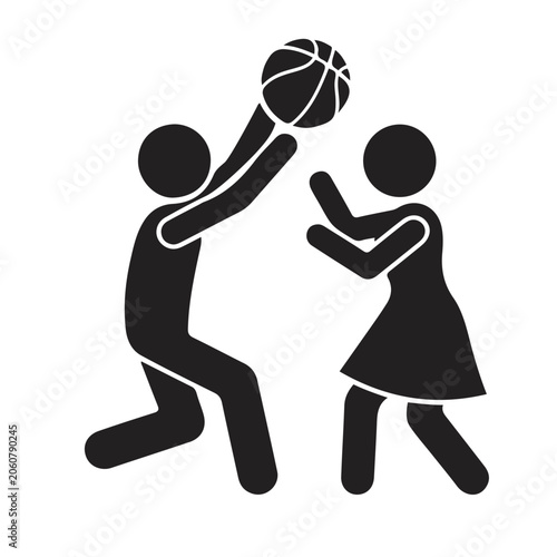 Two people playing basketball together. couple