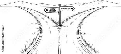 Road Fork Decision Concept Illustrating Strategic Change, Direction Choice and Business Planning Process