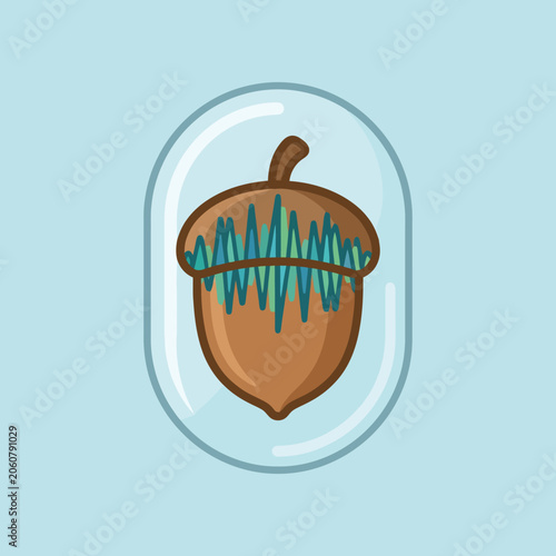 A stylized brown acorn icon sits inside a rounded glass frame