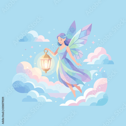 A magical fairy holds a glowing lantern in the soft clouds