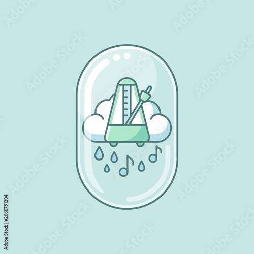A metronome inside a capsule with rain and musical notes