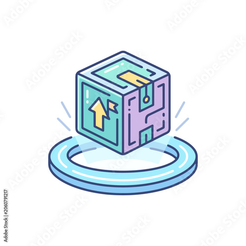 A digital cube floating above a glowing circular platform base