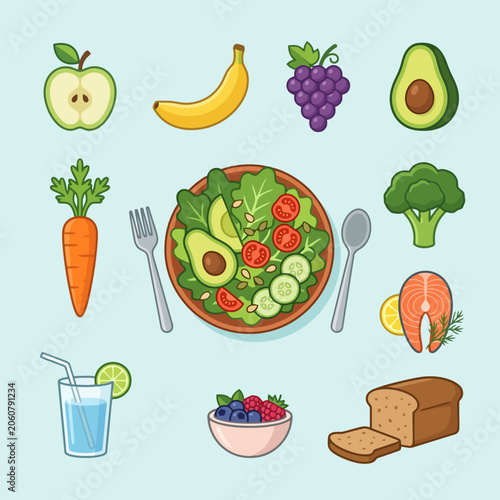 A collection of fresh healthy food icons on a light background