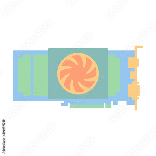 A flat vector illustration of a computer graphics processing card