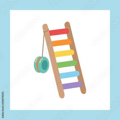A colorful wooden ladder with a hanging toy on white background