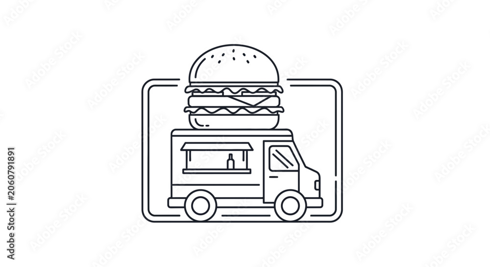 Fototapeta premium Food Truck Icon with Burger on Top, Outline Style