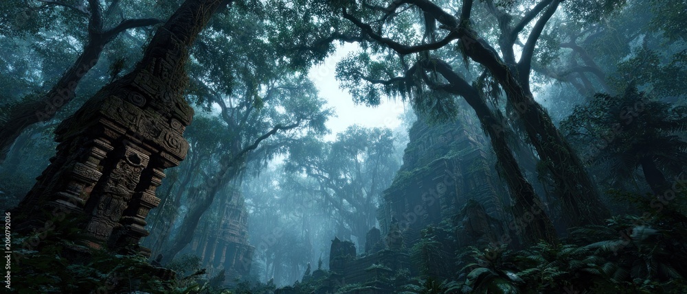 Fototapeta premium Ancient ruins in a misty forest landscape with tall trees and atmosphere