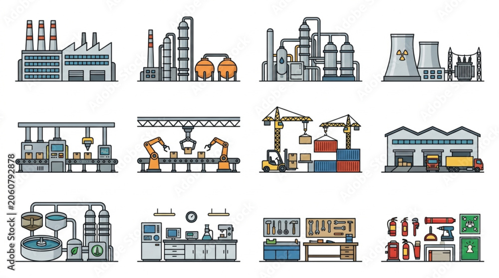 Fototapeta premium Industrial Manufacturing Workflow Icons.