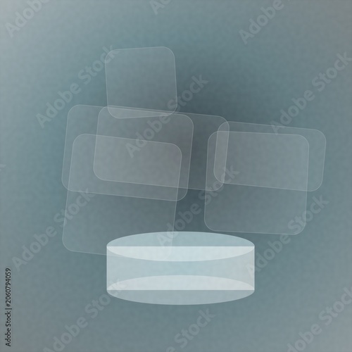 Abstract background with translucent shapes and a podium