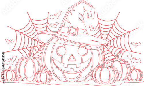 Central jack olantern wearing a witch hat surrounded by small pumpkins, spooky spiderwebs, and flying bats