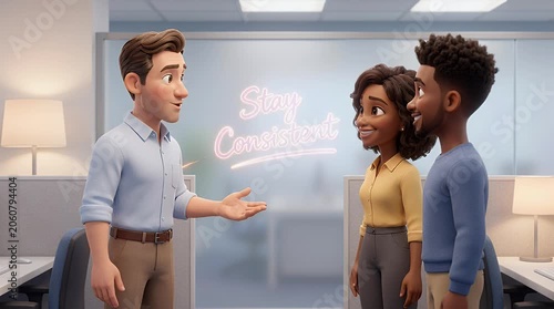 Three diverse individuals in office setting promoting consistency