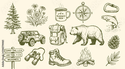 Outdoor adventure icons and symbols for wilderness exploration and travel