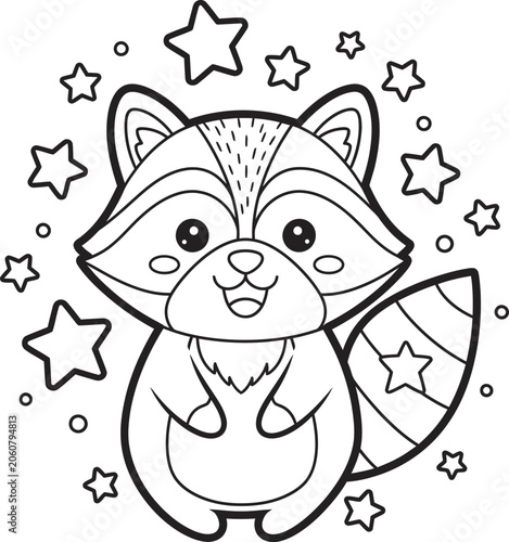 Smiling raccoon surrounded by stars coloring page