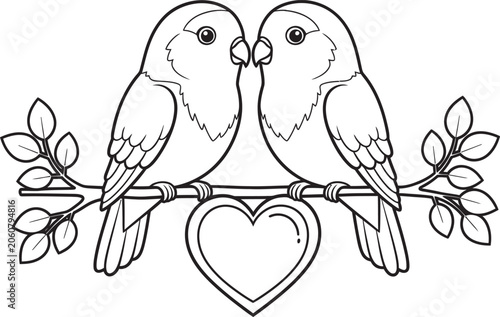 Lovebirds on a branch with heart shape black and white illustration