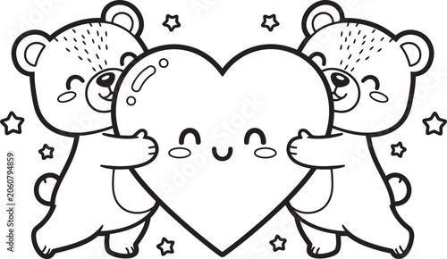 Two cute bears holding a heart shape black and white line art