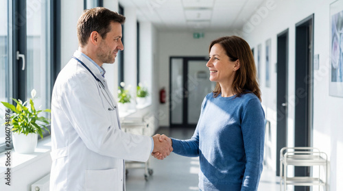 Friendly doctor shaking hands with smiling female patient in bright clinic corridor showing trust medical consultation positive healthcare service recovery support patient satisfaction
