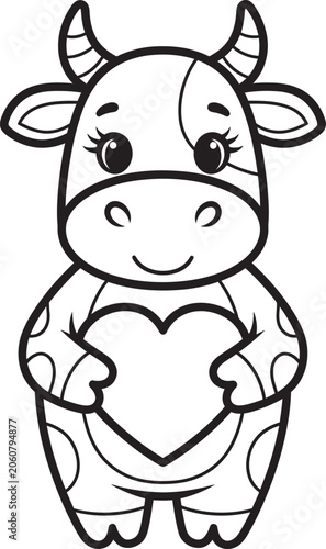 Cute cartoon cow holding heart outline black and white illustration