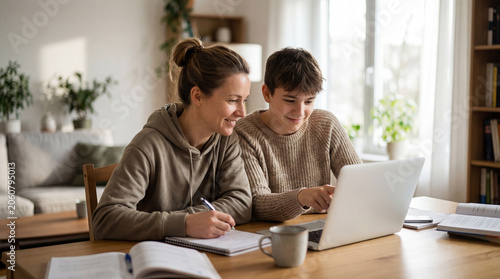 Smiling mother helping teenage son study on laptop at kitchen table during home education session showing supportive parenting online learning homework planning digital skills family connection