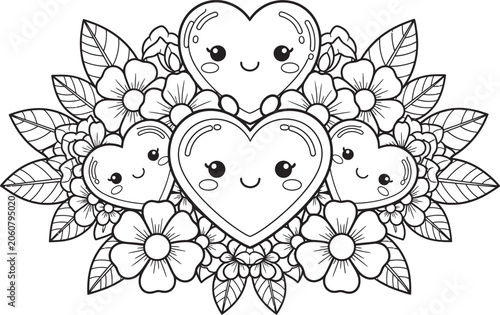 Kawaii heart floral arrangement outline for coloring pages and crafts
