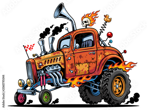 Cartoon Crazy Whimsical Rat Rod Hot Rod Truck Vector Illustration On A Transparent Background
