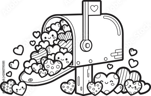 Valentine's day mailbox overflowing with kawaii heart characters black and white