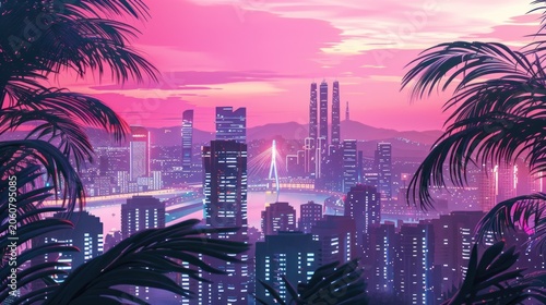 Futuristic Pink Purple Cityscape Skyline with Tall Skyscrapers and Bright Lights