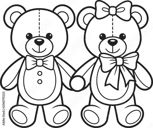 Two teddy bears holding hands black and white line art illustration