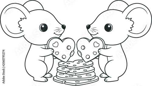 Two mice sharing cheese illustration black and white line art