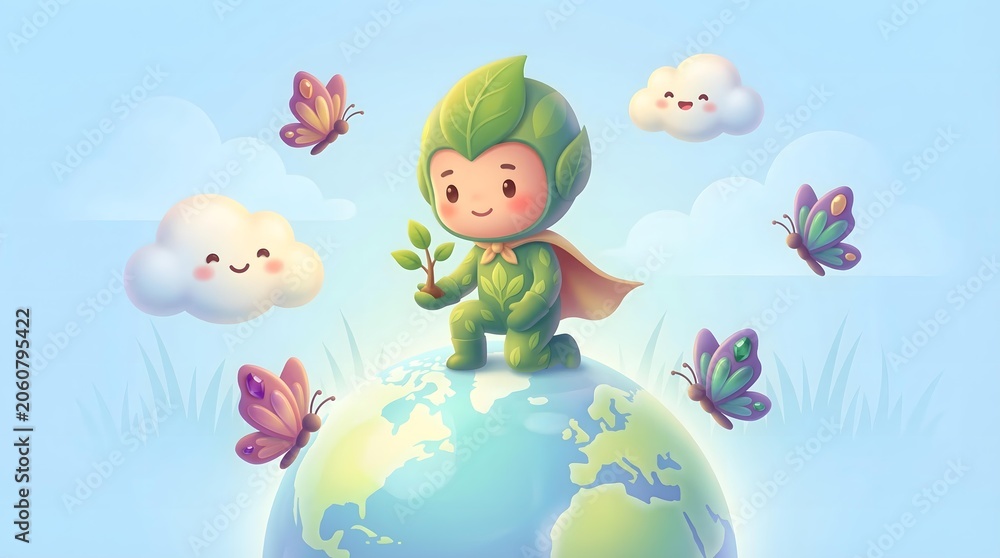 Naklejka premium climate conscious lifestyle concept with sustainable daily habits Eco-friendly Superhero Child in Leaf Costume on Globe with Smiling Clouds and Butterflies in Whimsical Pastel Illustration