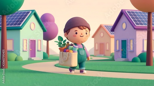climate conscious lifestyle concept with sustainable daily habits Charming 3D Illustration of Child with Eco-Friendly Shopping Bag in Sustainable Neighborhood with Solar-Powered Homes