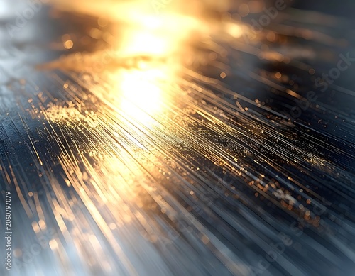 A dark, metallic surface reflecting golden light streaks