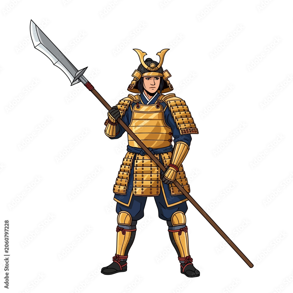 Fototapeta premium Proud Female Samurai Guard Captain Holding Halberd Polearm