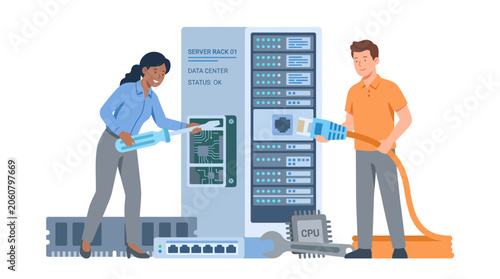 Foto Two technicians configure and maintain server racks in a data center network environment