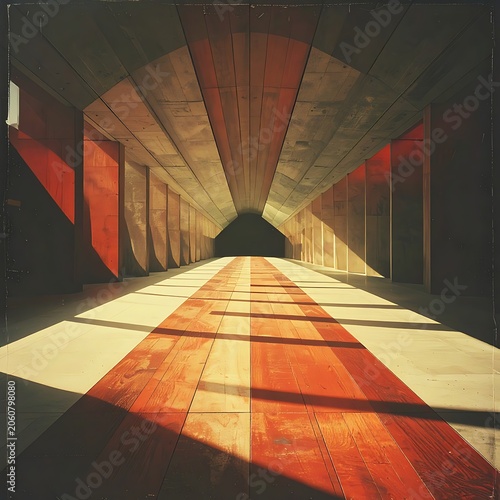 A long, dark corridor with red and white floor