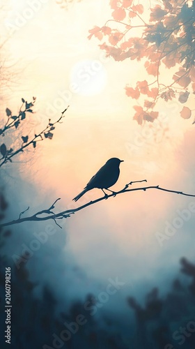 Silhouette bird sunset branch misty serene landscape