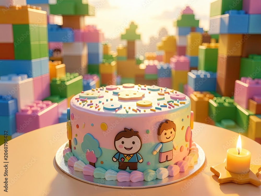 Fototapeta premium Colorful birthday cake decorated with cartoon children figures surrounded by pastel building blocks.