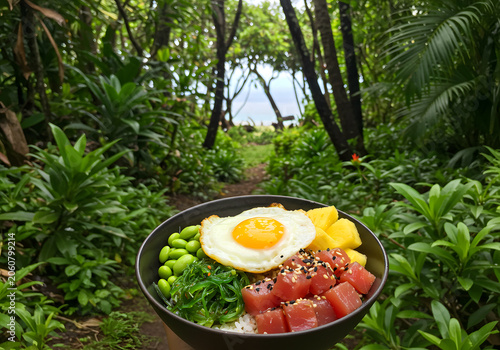 Tropical poke bowl in lush forest