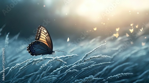 Majestic butterfly perched on frosty grass, sunrise glow.