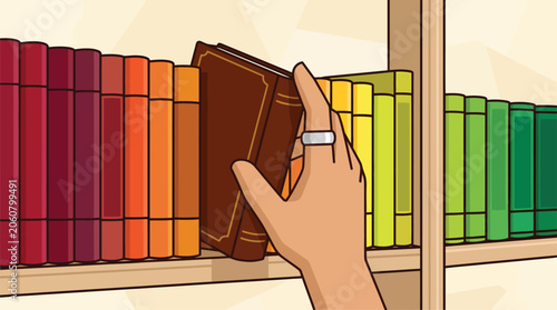 фотографія Hand selecting a book from a colorful bookshelf.