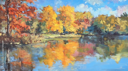 Autumnal trees reflected in tranquil lake water