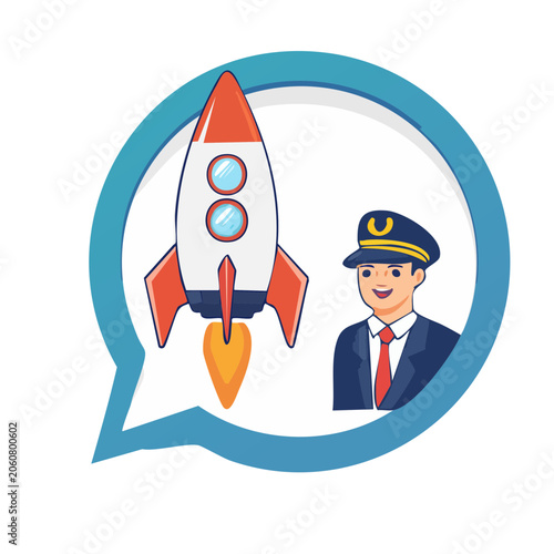 Pilot and Rocket in Speech Bubble Flat Design Illustration