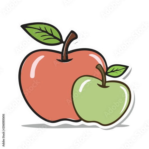 Red and Green Apples with Leaves Illustration