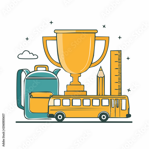 School Supplies and Trophy Illustration