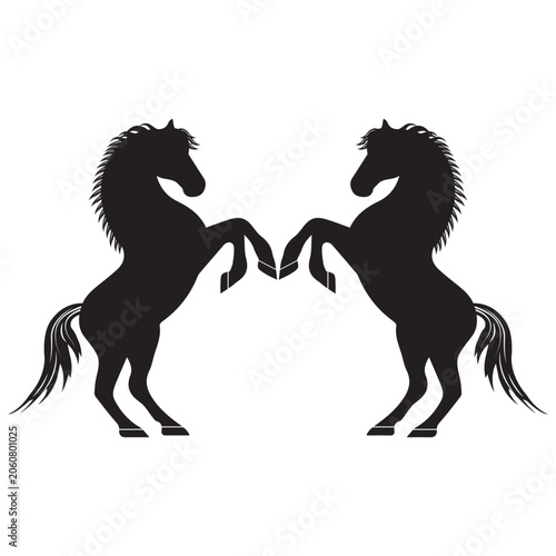Two Rearing Horses Symmetrical Silhouette Illustration, Elegant Heraldic Equine Design